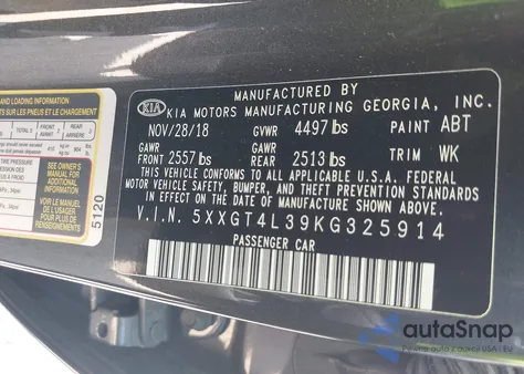 2019 Kia Optima Lx из США, поврежденный, VIN 5XXGT4L39KG325914